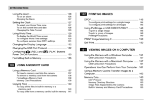 Page 6INTRODUCTION
6
Using the Alarm ........................................................ 126To set an alarm 126
Stopping the Alarm 127
Setting the Clock ...................................................... 127To select your Home Time zone 127
To set the current time and date 128
Changing the Date Format 129
Using World Time ..................................................... 129To display the World Time screen 129
To configure World Time settings 130
To configure summer time (DST) settings 131...