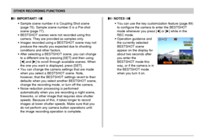 Page 7272
OTHER RECORDING FUNCTIONS
 IMPORTANT! 
• Sample scene number 4 is Coupling Shot scene
(page 75). Sample scene number 5 is a Pre-shot
scene (page 77).
• BESTSHOT scenes were not recorded using this
camera. They are provided as samples only.
• Images recorded using a BESTSHOT scene may not
produce the results you expected due to shooting
conditions and other factors.
• After selecting a BESTSHOT scene, you can change
to a different one by pressing [SET] and then using
[] and [] to scroll through...