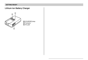 Page 24GETTING READY
24
12
3
Lithium Ion Battery Charger
1[CHARGE] lamp2Contacts3AC jack
Downloaded From camera-usermanual.com Casio Manuals 