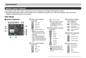 Page 25GETTING READY
25
Monitor Screen Contents
The monitor screen uses various indicators and icons to keep you informed of the camera’s status.
Note that the example screens in this chapter are for illustrative purposes only. They do not exactly match the screen
contents actually produced on the camera.
REC Mode
Screen IndicatorsManual Focus
When you select Auto Focus
with Key Customize (page
112), 
 appears only
briefly, and then disappears
from the display.
3White balance indicator
(page 84)...