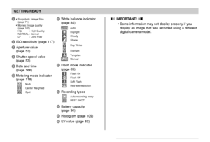 Page 28GETTING READY
28
 IMPORTANT! 
Some information may not display properly if you
display an image that was recorded using a different
digital camera model.
5Snapshots: Image Size
(page 71)
Movies: Image quality
(page 103)
HQ : High Quality
NORMAL : Normal
LP : Long Play
6ISO sensitivity (page 117)
7Aperture value
(page 53)
8Shutter speed value
(page 53)
9Date and time
(page 166)
0Metering mode indicator
(page 118)
MultiCenter WeightedSpot
AWhite balance indicator
(page 84)
AWBAutoDaylightCloudyShade
Day...