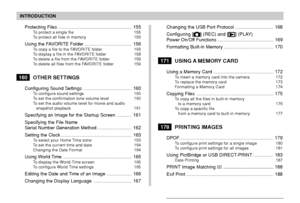 Page 6INTRODUCTION
6
Protecting Files ........................................................ 155To protect a single file 155
To protect all files in memory 156
Using the FAVORITE Folder .................................... 156To copy a file to the FAVORITE folder 156
To display a file in the FAVORITE folder 158
To delete a file from the FAVORITE folder 159
To delete all files from the FAVORITE folder 159
160OTHER SETTINGS
Configuring Sound Settings ..................................... 160To configure sound...