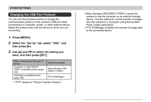 Page 143OTHER SETTINGS
143
Changing the USB Port Protocol
You can use the procedure below to change the
communication protocol of the camera’s USB port when
connecting to a computer, printer, or other external device.
Select the protocol that suits the device to which you are
connecting.
1.Press [MENU].
2.Select the “Set Up” tab, select “USB”, and
then press [].
3.Use [] and [] to select the setting you
want, and then press [SET].
Select this setting:
Mass Storage (USB
DIRECT-PRINT)
PTP (PictBridge)* When...