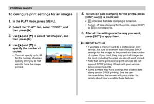 Page 155PRINTING IMAGES
155
To configure print settings for all images
1.In the PLAY mode, press [MENU].
2.Select the “PLAY” tab, select “DPOF”, and
then press [].
3.Use [] and [] to select “All images”, and
then press [].
4.Use [] and [] to
specify the number of
copies.
•You can specify up to 99
for the number of copies.
Specify 00 if you do not
want to have the image
printed.
5.To turn on date stamping for the prints, press
[DISP] so 12121 is displayed.
•12121 indicates that date stamping is turned on....