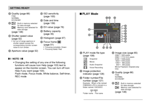 Page 25GETTING READY
25
 PLAY Mode
1PLAY mode file type
(page 108)
SnapshotMovieAudio SnapshotVoice Recording
2Image protection
indicator (page 128)
3Folder number/File
number (page 127)
Example : When a file named
CIMG0023.JPG is stored in a
folder named 100CASIO
100-0023
Folder name File name
 NOTE 
 Changing the setting of any one of the following
functions will cause Icon Help (page 103) text to
appear on the monitor screen. You can turn off Icon
Help if you want (page 103).
Flash mode, Focus mode, White...