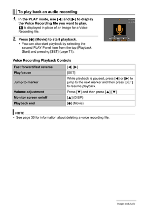 Page 5050Recording Movie Images and Audio
1.In the PLAY mode, use [4] and [6] to display 
the Voice Recording file you want to play.
` is displayed in place of an image for a Voice 
Recording file.
2.Press [0] (Movie) to start playback.
• You can also start playback by selecting the 
second PLAY Panel item from the top (Playback 
Start) and pressing [SET] (page 71).
Voice Recording Playback Controls
NOTE
• See page 30 for information about deleting a voice recording file.
To play back an audio recording
Fast...