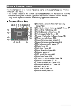 Page 99
The monitor screen uses various indicators, icons, and values to keep you informed 
of the camera’s status.
• The sample screens in this section are intended to show you the locations of all the 
indicators and figures that can appear on the monitor screen in various modes. 
They do not represent screens that actually appear on the camera.
.Snapshot Recording
Monitor Screen Contents
1Remaining snapshot memory capacity 
(page 132)
2Remaining movie memory capacity (page 47)
3Recording mode (page 26)...