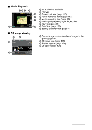 Page 1313
.Movie Playback
.CS Image Viewing
1No audio data available
2File type
3Protect indicator (page 118)
4Folder name/file name (page 153)
5Movie recording time (page 99)
6Movie quality/speed (pages 61, 64, 64)
7YouTube (page 68)
8Date/time (page 160)
9Battery level indicator (page 18)
1Current image number/number of images in the 
group (page 101)
2CS group icon (page 101)
3Playback guide (page 101)
4CS speed (page 101)
134
5
6
7
892
12
4
3
Downloaded From camera-usermanual.com Casio Manuals 