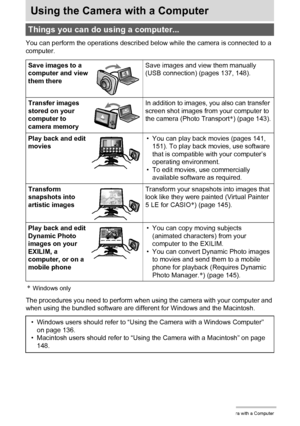 Page 135135Using the Camera with a Computer
Using the Camera with a Computer
You can perform the operations described below while the camera is connected to a 
computer.
*Windows only
The procedures you need to perform when using the camera with your computer and 
when using the bundled software are different for Windows and the Macintosh.
Things you can do using a computer...
Save images to a 
computer and view 
them thereSave images and view them manually 
(USB connection) (pages 137, 148).
Transfer images...