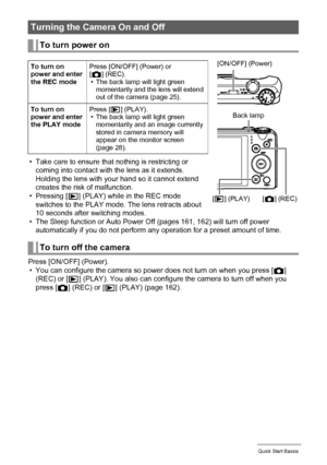 Page 2323Quick Start Basics
• Take care to ensure that nothing is restricting or 
coming into contact with the lens as it extends. 
Holding the lens with your hand so it cannot extend 
creates the risk of malfunction.
•Pressing [p] (PLAY) while in the REC mode 
switches to the PLAY mode. The lens retracts about 
10 seconds after switching modes.
• The Sleep function or Auto Power Off (pages 161, 162) will turn off power 
automatically if you do not perform any operation for a preset amount of time.
Press...