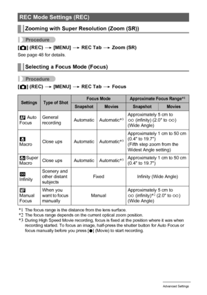 Page 8484Advanced Settings
Procedure
[r] (REC) * [MENU] * REC Tab * Zoom (SR)
See page 48 for details.
Procedure
[r] (REC) * [MENU] * REC Tab * Focus
*1
The focus range is the distance from the lens surface.*2The focus range depends on the current optical zoom position.*3During High Speed Movie recording, focus is fixed at the position where it was when 
recording started. To focus an image, half-press the shutter button for Auto Focus or 
focus manually before you press [0] (Movie) to start recording.
REC Mode...