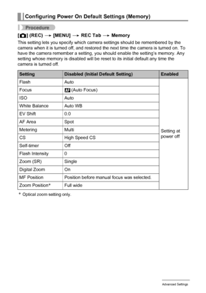 Page 9595Advanced Settings
Procedure
[r] (REC) * [MENU] * REC Tab * Memory
This setting lets you specify which camera settings should be remembered by the 
camera when it is turned off, and restored the next time the camera is turned on. To 
have the camera remember a setting, you should enable the setting’s memory. Any 
setting whose memory is disabled will be reset to its initial default any time the 
camera is turned off.
*Optical zoom setting only.
Configuring Power On Default Settings (Memory)...