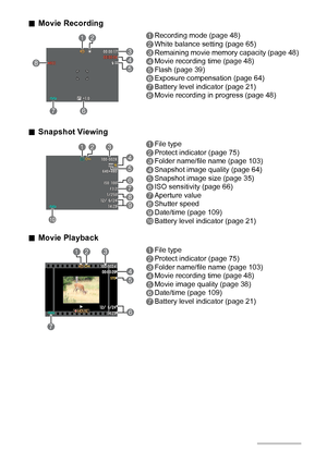 Page 11
11
.Movie Recording
. Snapshot Viewing
. Movie Playback
1Recording mode (page 48)
2White balance setting (page 65)
3Remaining movie memory capacity (page 48)
4Movie recording time (page 48)
5Flash (page 39)
6Exposure compensation (page 64)
7Battery level indicator (page 21)
8Movie recording in progress (page 48)
1File type
2Protect indicator (page 75)
3Folder name/file name (page 103)
4Snapshot image quality (page 64)
5Snapshot image size (page 35)
6ISO sensitivity (page 66)
7Aperture value
8Shutter...