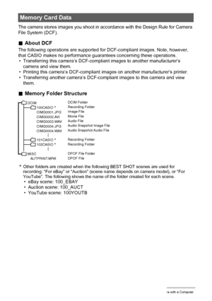 Page 104104Using the Camera with a Computer
The camera stores images you shoot in accordance with the Design Rule for Camera 
File System (DCF).
.About DCF
The following operations are supported for DCF-compliant images. Note, however, 
that CASIO makes no performance guarantees concerning these operations.
• Transferring this camera’s DCF-compliant images to another manufacturer’s 
camera and view them.
• Printing this camera’s DCF-compliant images on another manufacturer’s printer.
• Transferring another...