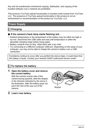 Page 122122Appendix
Any and all unauthorized commercial copying, distribution, and copying of the 
bundled software over a network are prohibited.
This product’s YouTube upload functionality is included under license from YouTube, 
LLC. The presence of YouTube upload functionality in this product is not an 
endorsement or recommendation of the product by YouTube, LLC.
.If the camera’s back lamp starts flashing red...
• Ambient temperature or the temperature of the battery may be either too high or 
too low....