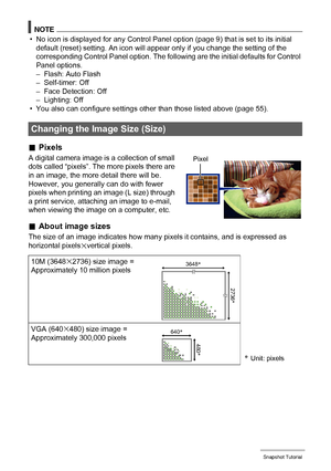 Page 3535Snapshot Tutorial
NOTE
• No icon is displayed for any Control Panel option (page 9) that is set to its initial 
default (reset) setting. An icon will appear only if you change the setting of the 
corresponding Control Panel option. The following are the initial defaults for Control 
Panel options.
– Flash: Auto Flash
– Self-timer: Off
– Face Detection: Off
– Lighting: Off
• You also can configure settings other than those listed above (page 55).
.Pixels
A digital camera image is a collection of small...