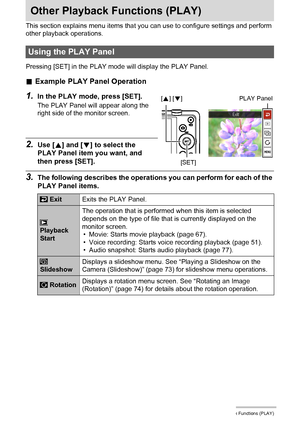 Page 7171Other Playback Functions (PLAY)
Other Playback Functions (PLAY)
This section explains menu items that you can use to configure settings and perform 
other playback operations.
Pressing [SET] in the PLAY mode will display the PLAY Panel.
.Example PLAY Panel Operation
1.In the PLAY mode, press [SET].
The PLAY Panel will appear along the 
right side of the monitor screen.
2.Use [8] and [2] to select the 
PLAY Panel item you want, and 
then press [SET].
3.The following describes the operations you can...