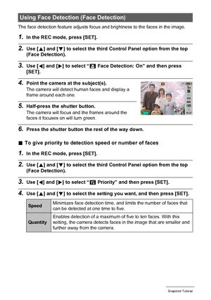 Page 2828Snapshot Tutorial
The face detection feature adjusts focus and brightness to the faces in the image.
1.In the REC mode, press [SET].
2.Use [8] and [2] to select the third Control Panel option from the top 
(Face Detection).
3.Use [4] and [6] to select “G Face Detection: On” and then press 
[SET].
4.Point the camera at the subject(s).
The camera will detect human faces and display a 
frame around each one.
5.Half-press the shutter button.
The camera will focus and the frames around the 
faces it focuses...