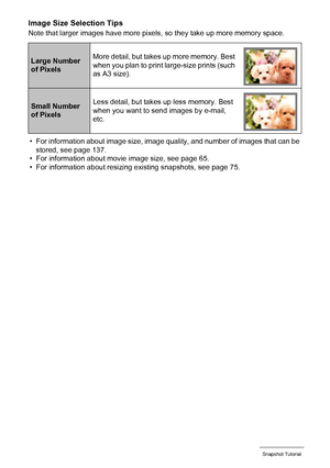 Page 3131Snapshot Tutorial
Image Size Selection Tips
Note that larger images have more pixels, so they take up more memory space.
• For information about image size, image quality, and number of images that can be 
stored, see page 137.
• For information about movie image size, see page 65.
• For information about resizing existing snapshots, see page 75.
Large Number 
of PixelsMore detail, but takes up more memory. Best 
when you plan to print large-size prints (such 
as A3 size).
Small Number 
of PixelsLess...