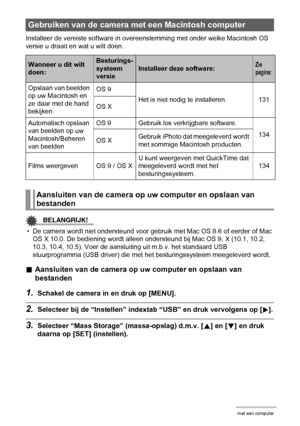 Page 131131Gebruiken van de camera met een computer
Installeer de vereiste software in overeenstemming met onder welke Macintosh OS 
versie u draait en wat u wilt doen.
BELANGRIJK!
• De camera wordt niet ondersteund voor gebruik met Mac OS 8.6 of eerder of Mac 
OS X 10.0. De bediening wordt alleen ondersteund bij Mac OS 9, X (10.1, 10.2, 
10.3, 10.4, 10.5). Voer de aansluiting uit m.b.v. het standaard USB 
stuurprogramma (USB driver) die met het besturingssysteem meegeleverd wordt.
.Aansluiten van de camera op...