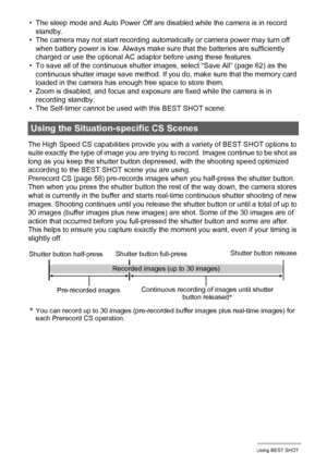 Page 88
88Using BEST SHOT
• The sleep mode and Auto Power Off are disabled while the camera is in record standby.
• The camera may not start recording automatically or camera power may turn off  when battery power is low. Always make sure that the batteries are sufficiently 
charged or use the optional AC adaptor before using these features.
• To save all of the continuous shutter im ages, select “Save All” (page 62) as the 
continuous shutter image save method. If you do, make sure that the memory card 
loaded...