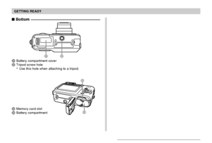Page 27GETTING READY
27
 Bottom
LK
KBattery compartment coverLTripod screw hole
*Use this hole when attaching to a tripod.
N MMMemory card slotNBattery compartment
Downloaded From camera-usermanual.com Casio Manuals 