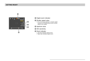 Page 29GETTING READY
29
1Digital zoom indicator
2Shutter speed valueAn out of range aperture or shutter speed
causes the corresponding monitor screen
value to turn amber.
3Aperture value
4ISO sensitivity
5Zoom indicatorLeft side indicates optical zoom.
Right side indicates digital zoom.
1
5
2
4
3
Downloaded From camera-usermanual.com Casio Manuals 
