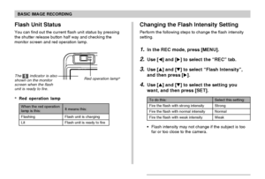 Page 6060
BASIC IMAGE RECORDING
Flash Unit Status
You can find out the current flash unit status by pressing
the shutter release button half way and checking the
monitor screen and red operation lamp.
*Red operation lamp
It means this:
Flash unit is charging
Flash unit is ready to fire
When the red operationlamp is this:
Flashing
Lit
Red operation lamp*The  indicator is also
shown on the monitor
screen when the flash
unit is ready to fire.
Changing the Flash Intensity Setting
Perform the following steps to...