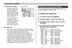 Page 6363
BASIC IMAGE RECORDING
5.Record the image.
• When you press the
shutter release button,
the self-timer lamp
flashes and the shutter
releases after the self-
timer reaches the end
of its countdown.
• You can interrupt an
ongoing self-timer
countdown by pressing
the shutter release
button while the self-
timer lamp is flashing.
 NOTES 
• The “2 sec” self-timer setting is best when shooting
with a slow shutter speed, because it helps to avoid
blurring of images due to hand movement.
• In the case of the...