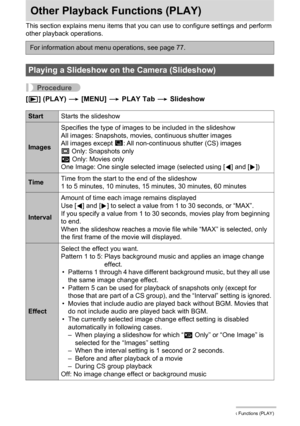 Page 106
106Other Playback Functions (PLAY)
Other Playback Functions (PLAY)
This section explains menu items that you can use to configure settings and perform 
other playback operations.
Procedure
[ p ] (PLAY)  * [MENU]  * PLAY Tab  * Slideshow
For information about menu operations, see page 77.
Playing a Slideshow on the Camera (Slideshow)
Start Starts the slideshow
ImagesSpecifies the type of images to be included in the slideshow
All images: Snapshots, movies
, continuous shutter images
All images except Z:...