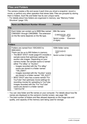 Page 134
134Using the Camera with a Computer
The camera creates a file and saves it each time you shoot a snapshot, record a 
movie, or perform any other operation that stores data. Files are grouped by storing 
them in folders. Each file and folder has its own unique name.
• For details about how folders are organized in memory, see “Memory Folder  Structure” (page 135).
• You can view folder and file names on y our computer. For details about how file 
names are displayed on the camera’s monitor screen, see...