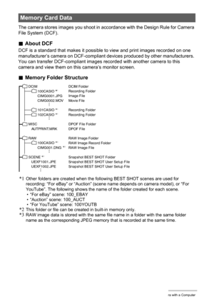 Page 135
135Using the Camera with a Computer
The camera stores images you shoot in accordance with the Design Rule for Camera 
File System (DCF).
.About DCF
DCF is a standard that makes it possible to view and print images recorded on one 
manufacturer’s camera on DCF-compliant de vices produced by other manufacturers. 
You can transfer DCF-compliant images re corded with another camera to this 
camera and view them on this camera’s monitor screen.
. Memory Folder Structure
DCIM Folder
Recording Folder
Image...