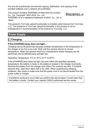 Page 157
157Appendix
Any and all unauthorized commercial copying, distribution, and copying of the 
bundled software over a network are prohibited.
This product contains PrKERNELv4 Real-time OS of eSOL 
Co., Ltd. Copyright
© 2007 eSOL Co., Ltd.
PrKERNELv4 is a registered trademark of eSOL Co., Ltd. in 
Japan.
This product’s YouTube upload functionality  is included under license from YouTube, 
LLC. The presence of YouTube upload func tionality in this product is not an 
endorsement or recommendation of the...