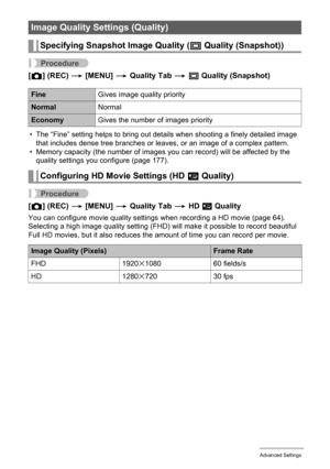 Page 87
87Advanced Settings
Procedure
[r ] (REC)  * [MENU]  * Quality Tab  * T  Quality (Snapshot)
• The “Fine” setting helps to bring out det ails when shooting a finely detailed image 
that includes dense tree branches or leaves, or an image of a complex pattern.
• Memory capacity (the number of images you  can record) will be affected by the 
quality settings you configure (page 177).
Procedure
[ r ] (REC)  * [MENU]  * Quality Tab  * HD  » Quality
You can configure movie quality settings  when recording a HD...