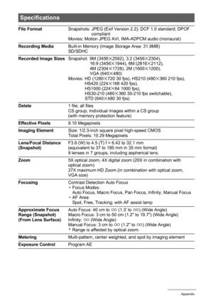 Page 186186Appendix
Specifications
File FormatSnapshots: JPEG (Exif Version 2.2); DCF 1.0 standard; DPOF 
compliant
Movies: Motion JPEG AVI, IMA-ADPCM audio (monaural)
Recording MediaBuilt-in Memory (Image Storage Area: 31.9MB)
SD/SDHC
Recorded Image SizesSnapshot: 9M (3456
x2592), 3:2 (3456x2304), 
16:9 (3456x1944), 6M (2816x2112), 
4M (2304x1728), 2M (1600x1200), 
VGA (640x480)
Movies: HD (1280x72030fps), HS210(480x360 210 fps), 
HS420 (224x168 420 fps), 
HS1000 (224x64 1000 fps), 
HS30-210 (480x360 30-210 fps...