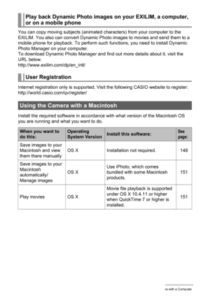 Page 147147Using the Camera with a Computer
You can copy moving subjects (animated characters) from your computer to the 
EXILIM. You also can convert Dynamic Photo images to movies and send them to a 
mobile phone for playback. To perform such functions, you need to install Dynamic 
Photo Manager on your computer.
To download Dynamic Photo Manager and find out more details about it, visit the 
URL below.
http://www.exilim.com/dp/en_intl/
Internet registration only is supported. Visit the following CASIO website...