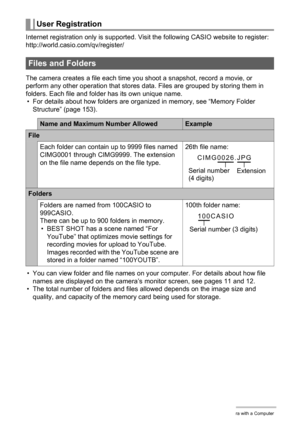 Page 152152Using the Camera with a Computer
Internet registration only is supported. Visit the following CASIO website to register: 
http://world.casio.com/qv/register/
The camera creates a file each time you shoot a snapshot, record a movie, or 
perform any other operation that stores data. Files are grouped by storing them in 
folders. Each file and folder has its own unique name.
• For details about how folders are organized in memory, see “Memory Folder 
Structure” (page 153).
• You can view folder and file...