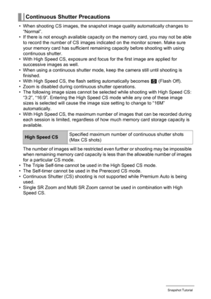 Page 5454Snapshot Tutorial
• When shooting CS images, the snapshot image quality automatically changes to 
“Normal”.
• If there is not enough available capacity on the memory card, you may not be able 
to record the number of CS images indicated on the monitor screen. Make sure 
your memory card has sufficient remaining capacity before shooting with using 
continuous shutter.
• With High Speed CS, exposure and focus for the first image are applied for 
successive images as well.
• When using a continuous...