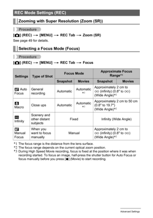 Page 8787Advanced Settings
Procedure
[r] (REC) * [MENU] * REC Tab * Zoom (SR)
See page 49 for details.
Procedure
[r] (REC) * [MENU] * REC Tab * Focus
*1
The focus range is the distance from the lens surface.*2The focus range depends on the current optical zoom position.*3During High Speed Movie recording, focus is fixed at the position where it was when 
recording started. To focus an image, half-press the shutter button for Auto Focus or 
focus manually before you press [0] (Movie) to start recording.
REC Mode...