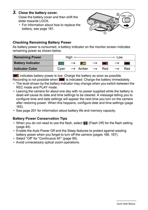 Page 1818Quick Start Basics
3.Close the battery cover.
Close the battery cover and then shift the 
slider towards LOCK.
• For information about how to replace the 
battery, see page 181.
Checking Remaining Battery Power
As battery power is consumed, a battery indicator on the monitor screen indicates 
remaining power as shown below.
 indicates battery power is low. Charge the battery as soon as possible.
Recording is not possible when   is indicated. Charge the battery immediately.
• The level shown by the...