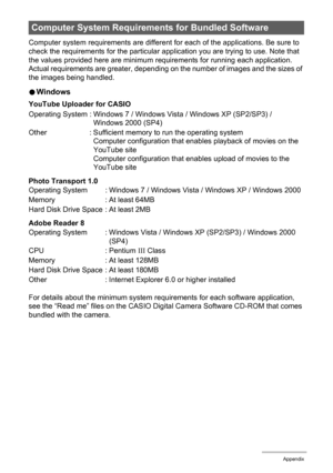 Page 184184Appendix
Computer system requirements are different for each of the applications. Be sure to 
check the requirements for the particular application you are trying to use. Note that 
the values provided here are minimum requirements for running each application. 
Actual requirements are greater, depending on the number of images and the sizes of 
the images being handled.
0Windows
YouTube Uploader for CASIO
Photo Transport 1.0
Adobe Reader 8
For details about the minimum system requirements for each...