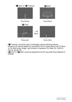 Page 9797Advanced Settings
•“O 
Tracking” cannot be used in combination with the following features.
Prerecord CS, Normal Speed CS, some BEST SHOT scenes (Move Out CS, Move 
In CS, Multi-motion Image, Lag Correction, Expression CS, Baby CS, Child CS, 
Pet CS, Sports CS)
•“— Free” or “I Multi” cannot be selected for the AF area while Face Detection is 
enabled.
“U 
Spot” or “O 
Tracking”
Focus frame
*
[SET]
“— Free”
Focus point Focus frame
“I Multi”
Focus frame 