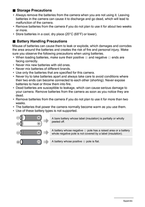Page 147147Appendix
.Storage Precautions
• Always remove the batteries from the camera when you are not using it. Leaving 
batteries in the camera can cause it to discharge and go dead, which will lead to 
malfunction of the camera.
• Remove batteries from the camera if you do not plan to use it for about two weeks 
or more.
• Store batteries in a cool, dry place (20°C (68°F) or lower).
.Battery Handling Precautions
Misuse of batteries can cause them to leak or explode, which damages and corrodes 
the area...