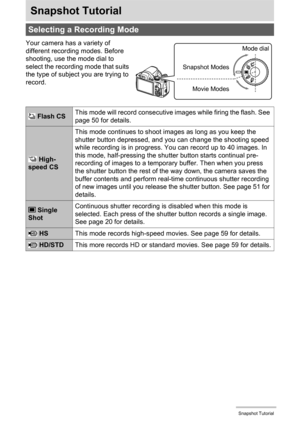 Page 2727Snapshot Tutorial
Snapshot Tutorial
Your camera has a variety of 
different recording modes. Before 
shooting, use the mode dial to 
select the recording mode that suits 
the type of subject you are trying to 
record.
Selecting a Recording Mode
 Flash CSThis mode will record consecutive images while firing the flash. See 
page 50 for details.
 High-
speed CSThis mode continues to shoot images as long as you keep the 
shutter button depressed, and you can change the shooting speed 
while recording is in...