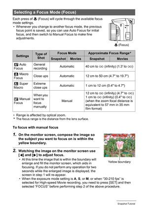 Page 4646Snapshot Tutorial
Each press of @
 (Focus) will cycle through the available focus 
mode settings.
• Whenever you change to another focus mode, the previous 
focus point is saved, so you can use Auto Focus for initial 
focus, and then switch to Manual Focus to make fine 
adjustments.
• Range is affected by optical zoom.
*The focus range is the distance from the lens surface.
To focus with manual focus
1.On the monitor screen, compose the image so 
the subject you want to focus on is within the 
yellow...