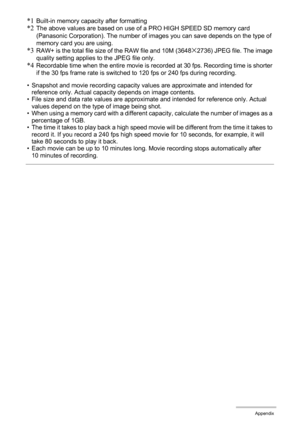 Page 186
186Appendix
*1Built-in memory capacity after formatting*2The above values are based on use of a PRO HIGH SPEED SD memory card 
(Panasonic Corporation). The number of images you can save depends on the type of 
memory card you are using.
*3RAW+ is the total file size of the RAW file and 10M (3648x2736) JPEG file. The image 
quality setting applies to the JPEG file only.
*4Recordable time when the entire movie is recorded at 30 fps. Recording time is shorter 
if the 30 fps frame rate is switched to 120...