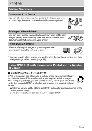 Page 7777Printing
Printing
*You can specify which images you want to print, the number of copies, and date 
stamp settings before printing (page 77).
.Digital Print Order Format (DPOF)
DPOF is a standard that allows you to include image type, number of copy, 
and time stamp on/off information on the memory card with the images. 
After configuring settings, you can use the memory card to print on a home 
printer that supports DPOF or take the memory card to a professional print 
service.
• Whether or not you...