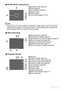 Page 1010
.Shutter Button Half-pressed
.Movie Recording
.Snapshot Viewing
1Recording mode (page 24)
2Flash (page 35)
3ISO sensitivity (page 64)
4Aperture value
5Shutter speed
6Focus frame (pages 26, 55)
NOTE
• Depending on recording settings, the aperture, shutter speed, and ISO sensitivity 
values may not appear on the monitor screen. These values will be orange if the 
Auto Exposure (AE) is not correct for some reason.
1Recording mode (page 42)
2White balance setting (page 62)
3Remaining movie memory capacity...