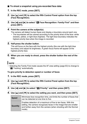 Page 3636Snapshot Tutorial
.To shoot a snapshot using pre-recorded face data
1.In the REC mode, press [SET].
2.Use [8] and [2] to select the fifth Control Panel option from the top 
(Face Recognition).
3.Use [4] and [6] to select “H
 Face Recognition: Family First” and then 
press [SET].
4.Point the camera at the subject(s).
The camera will detect human faces and display a boundary around each one.
• The boundaries will be colored according to the priority level of the face: white 
(lowest), yellow, or light...