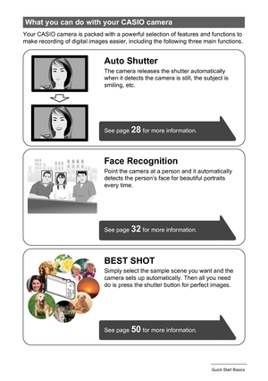 Page 1010Quick Start Basics
Your CASIO camera is packed with a powerful selection of features and functions to 
make recording of digital images easier, including the following three main functions.
What you can do with your CASIO camera
BEST SHOT
Simply select the sample scene you want and the 
camera sets up automatically. Then all you need 
do is press the shutter button for perfect images. 
Face Recognition
Point the camera at a person and it automatically 
detects the person’s face for beautiful portraits...